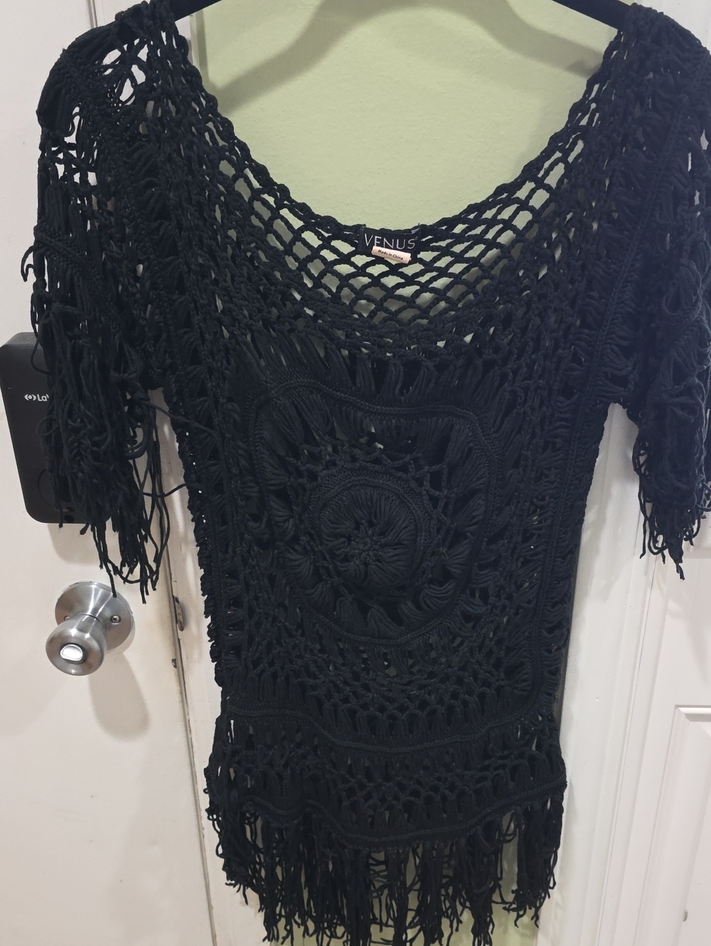 VENUS Black Crochet Fringe Top